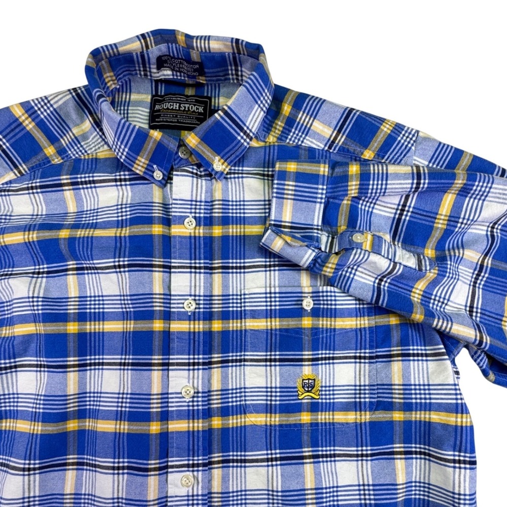 Rough Stock Panhandle Slim Men's Large Button Down Shirt Blue Yellow Plaid